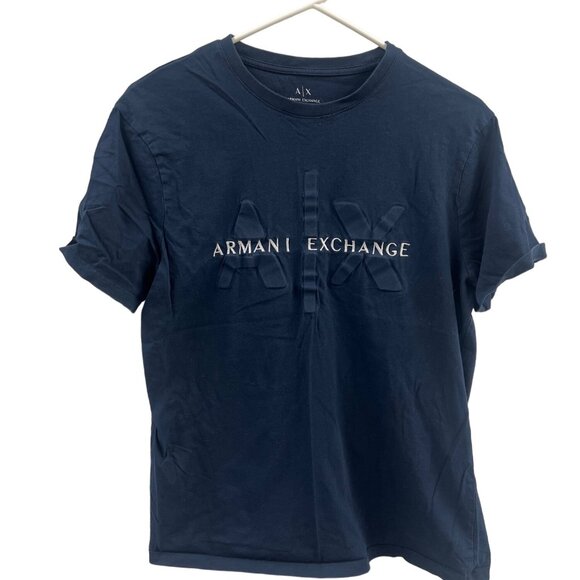 Armani Exchange Mens Navy Blue Logo T-Shirt Embossed Design Regular Fit Cotton C - Picture 1 of 5